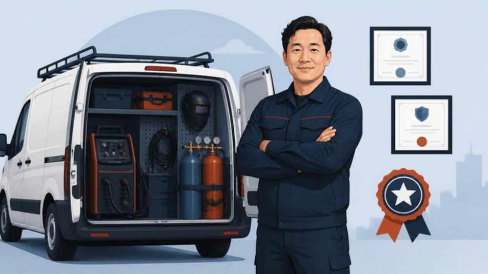 용접기와 가스통을 실은 출장 차량 옆에 선 기술자와 자격증