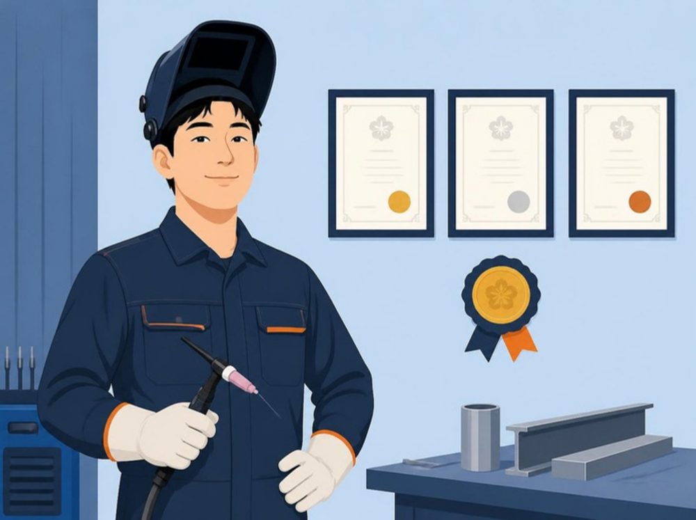 용접 면을 올려 쓴 기술자가 TIG 토치를 들고 서 있고, 뒤 벽에 자격증 액자 세 개와 메달이 걸린 그림