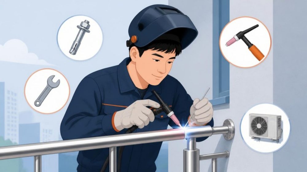 알곤 토치로 스테인리스 난간을 용접하는 기술자와 앵커·렌치·토치·실외기 그림